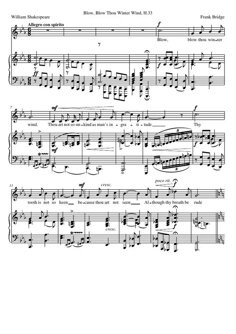 Первая страница нот «Blow, Blow Thou Winter Wind, H.33»