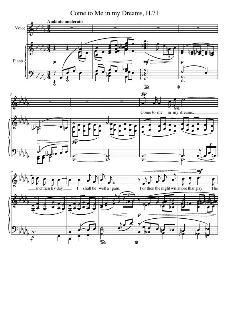 Первая страница нот «Come to Me my Dreams, H.71»