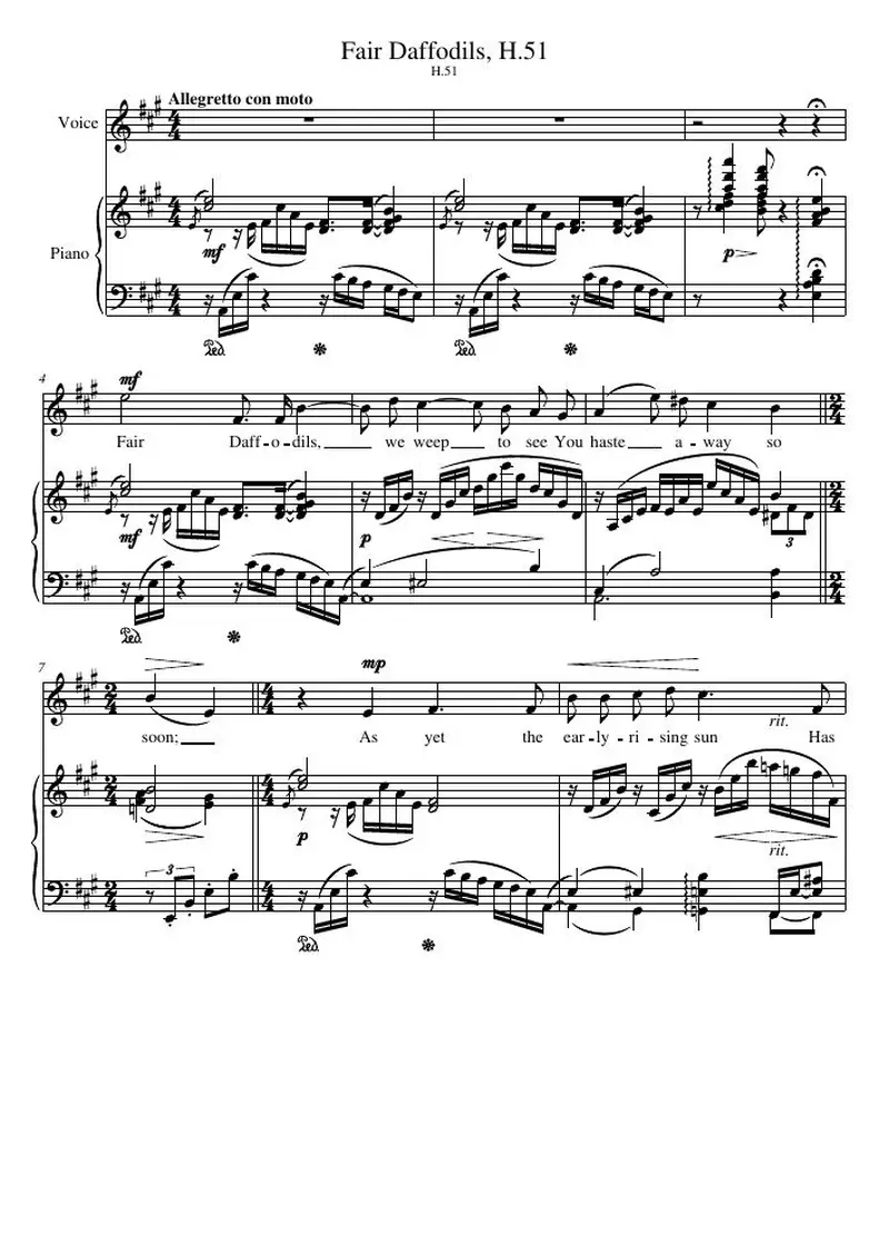 Первая страница нот «Fair Daffodils, H.51»