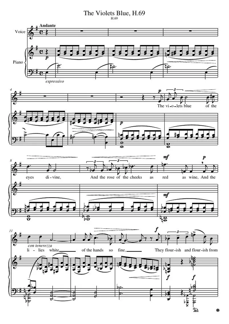 Первая страница нот «The Violets Blue, H.69»