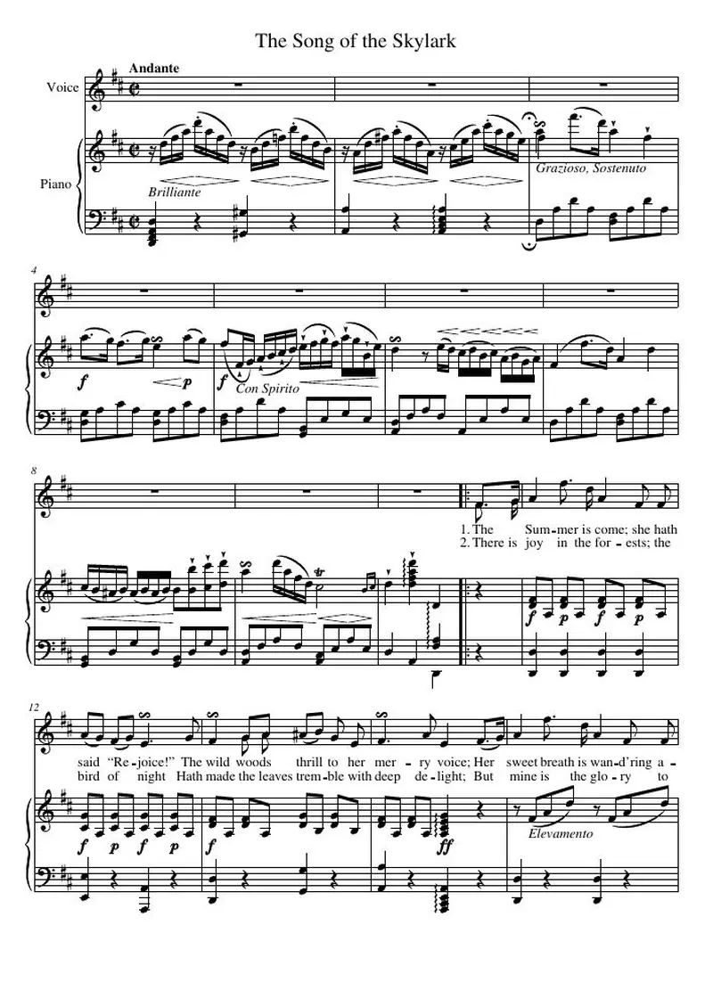Первая страница нот «The Песня of the Skylark»