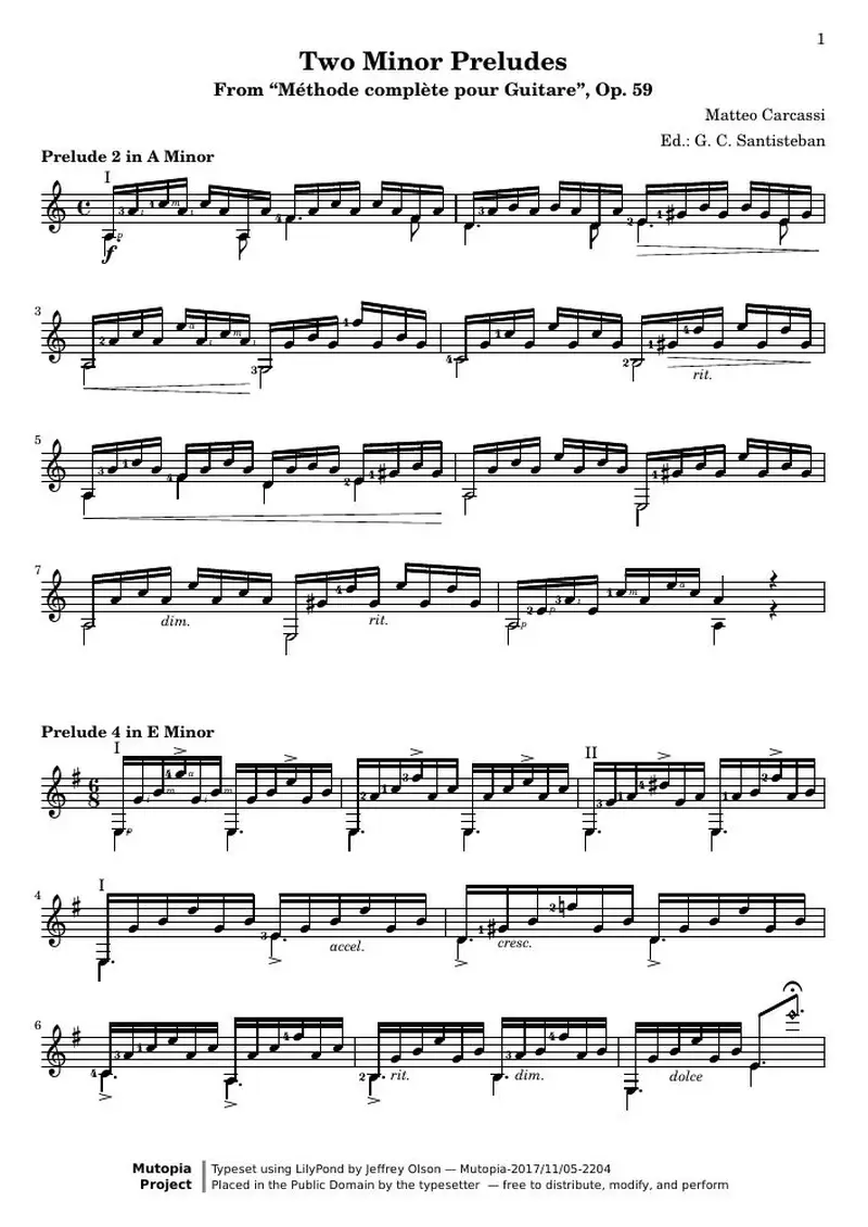Первая страница нот «Two минор Прелюдияs from Méthode complète pour Guitare»