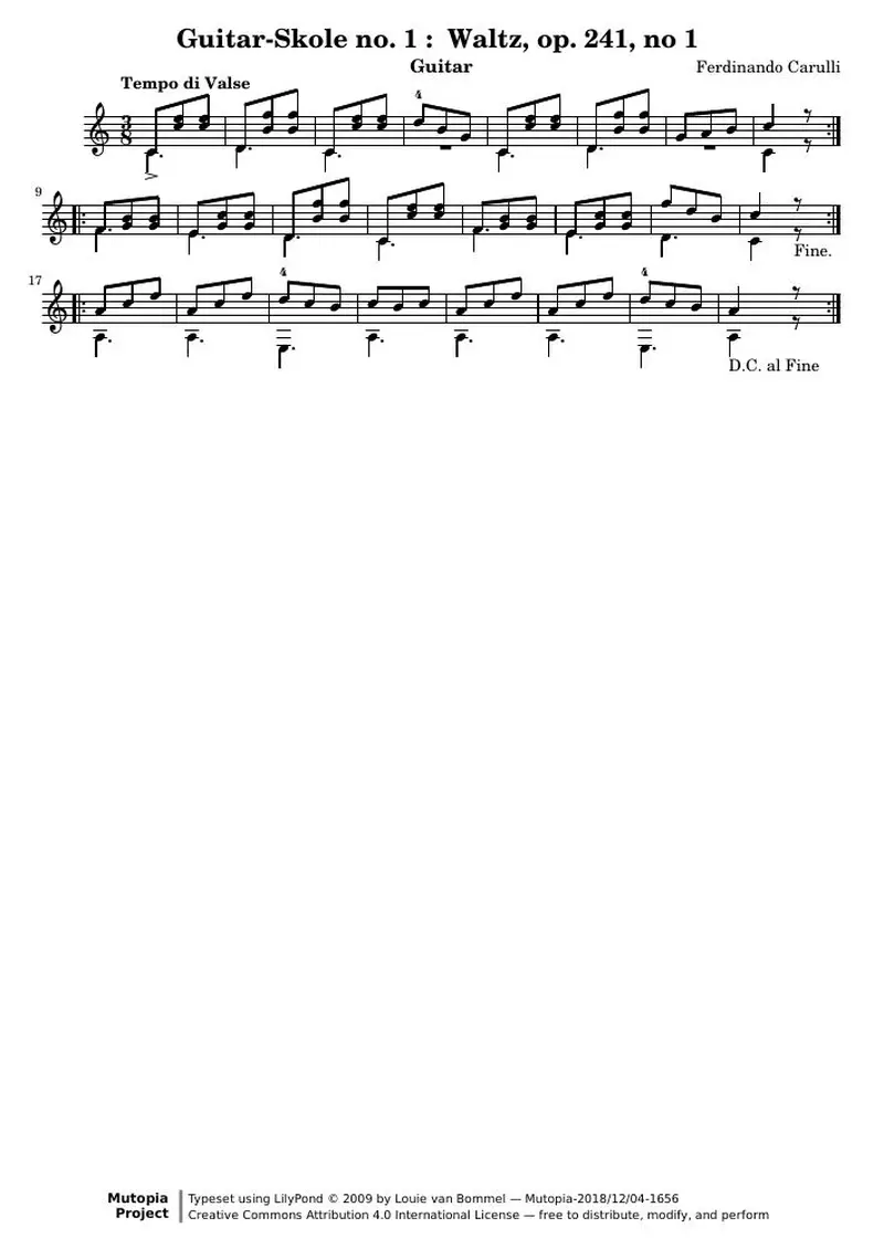 Первая страница нот «Guitar-Skole no. 1 : Вальс, op. 241, no 1»