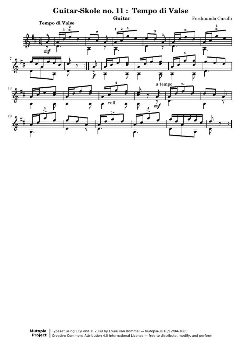 Первая страница нот «Guitar-Skole no. 11 : Tempo di Вальс»