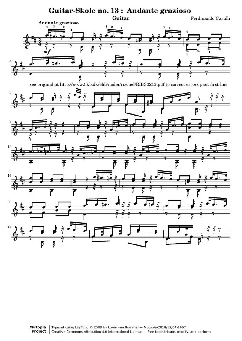 Первая страница нот «Guitar-Skole no. 13 : Andante grazioso»