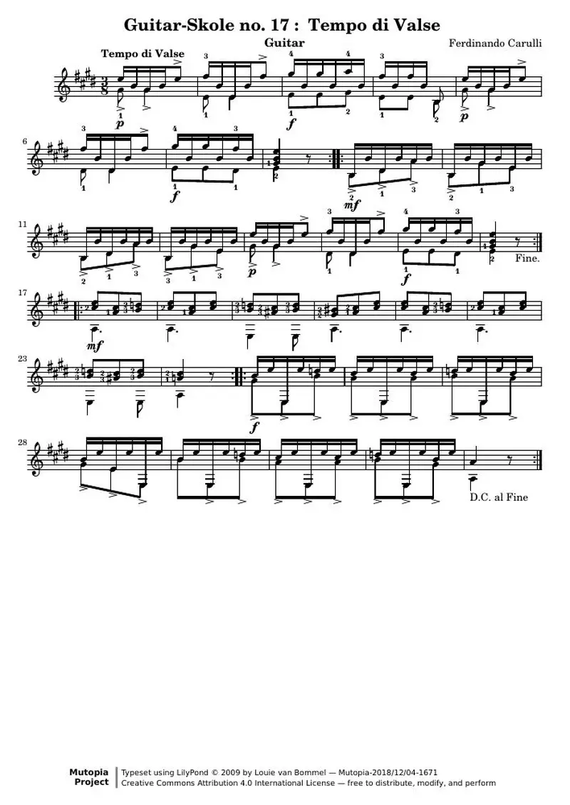 Первая страница нот «Guitar-Skole no. 17 : Tempo di Вальс»