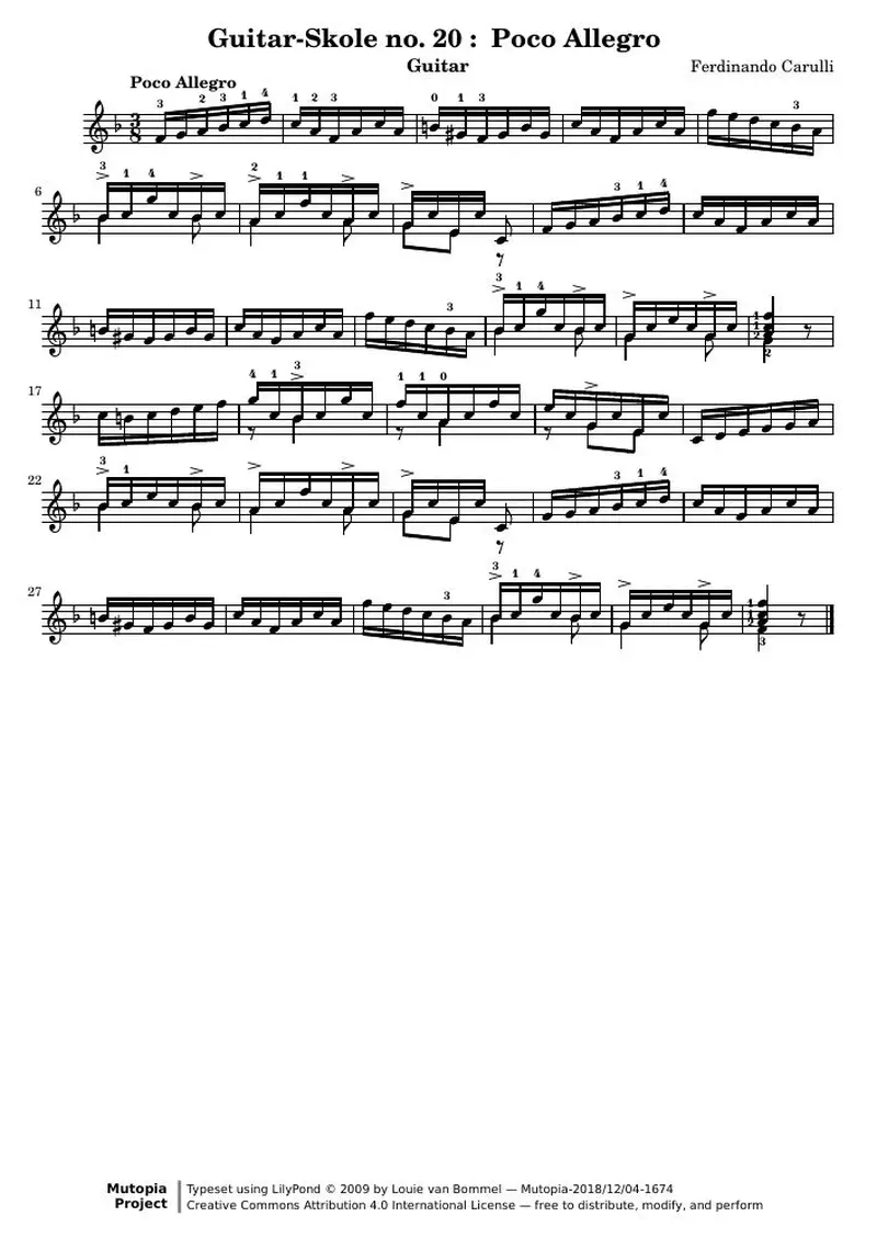 Первая страница нот «Guitar-Skole no. 20 : Poco Allegro»