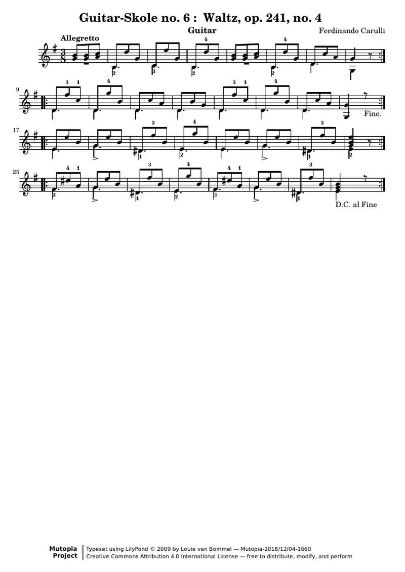 Первая страница нот «Guitar-Skole no. 6 : Вальс, op. 241, no. 4»