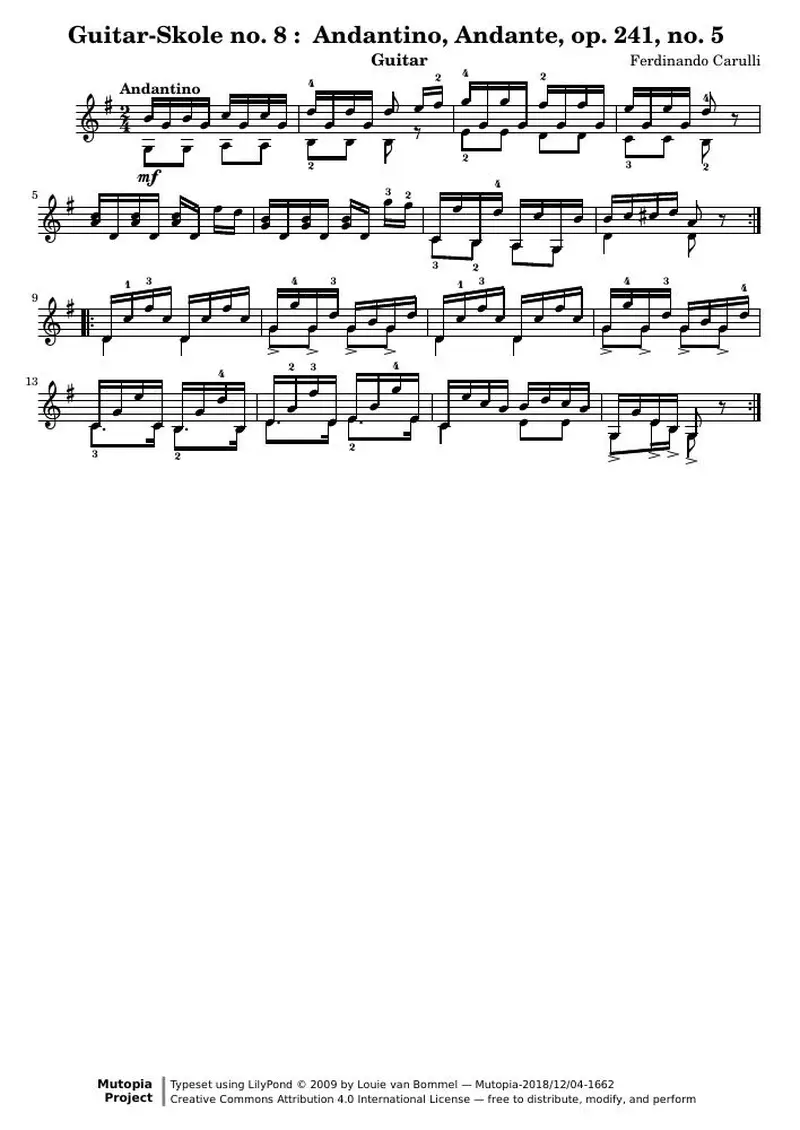 Первая страница нот «Guitar-Skole no. 8 : Andantino, Andante, op. 241, no. 5»