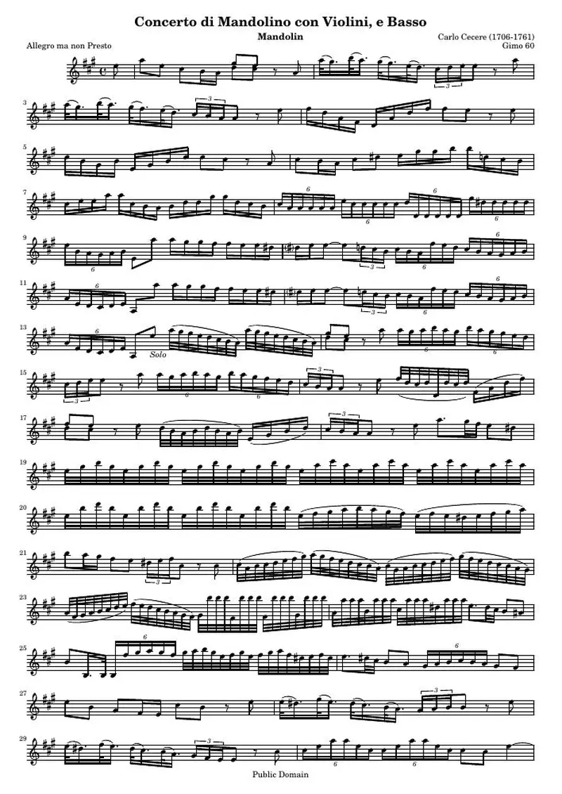 Первая страница нот «Концерт di Mandolino con Violini, e Basso (Gimo 60) — mand»