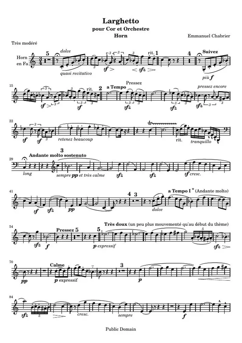 Первая страница нот «Larghetto for Horn and Orchestra»