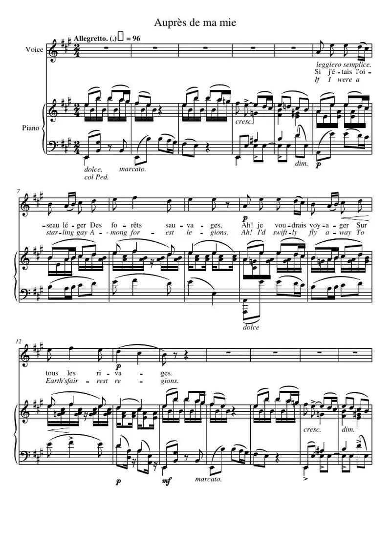 Первая страница нот «Auprès de ma mie»