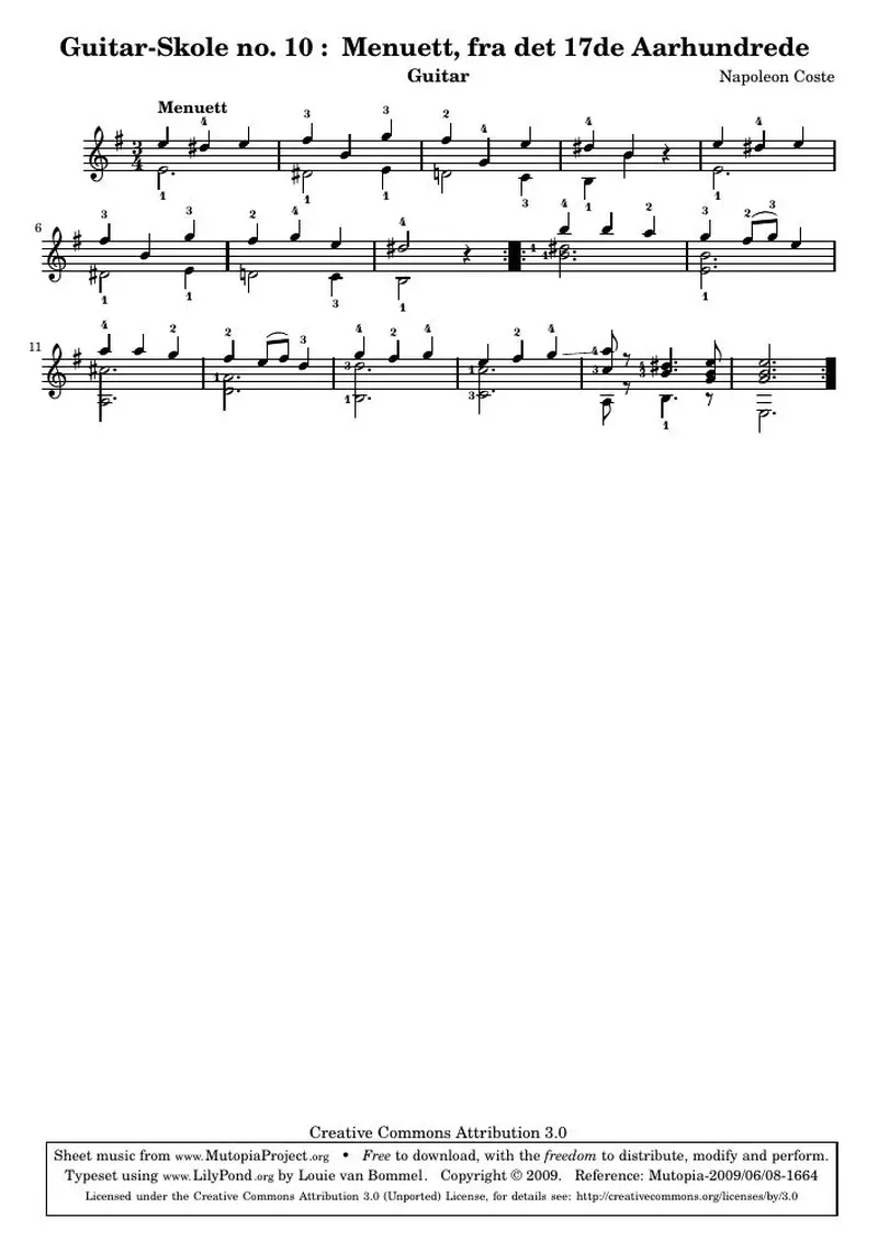 Первая страница нот «Guitar-Skole no. 10 : Менуэтt, fra det 17de Aarhundrede»