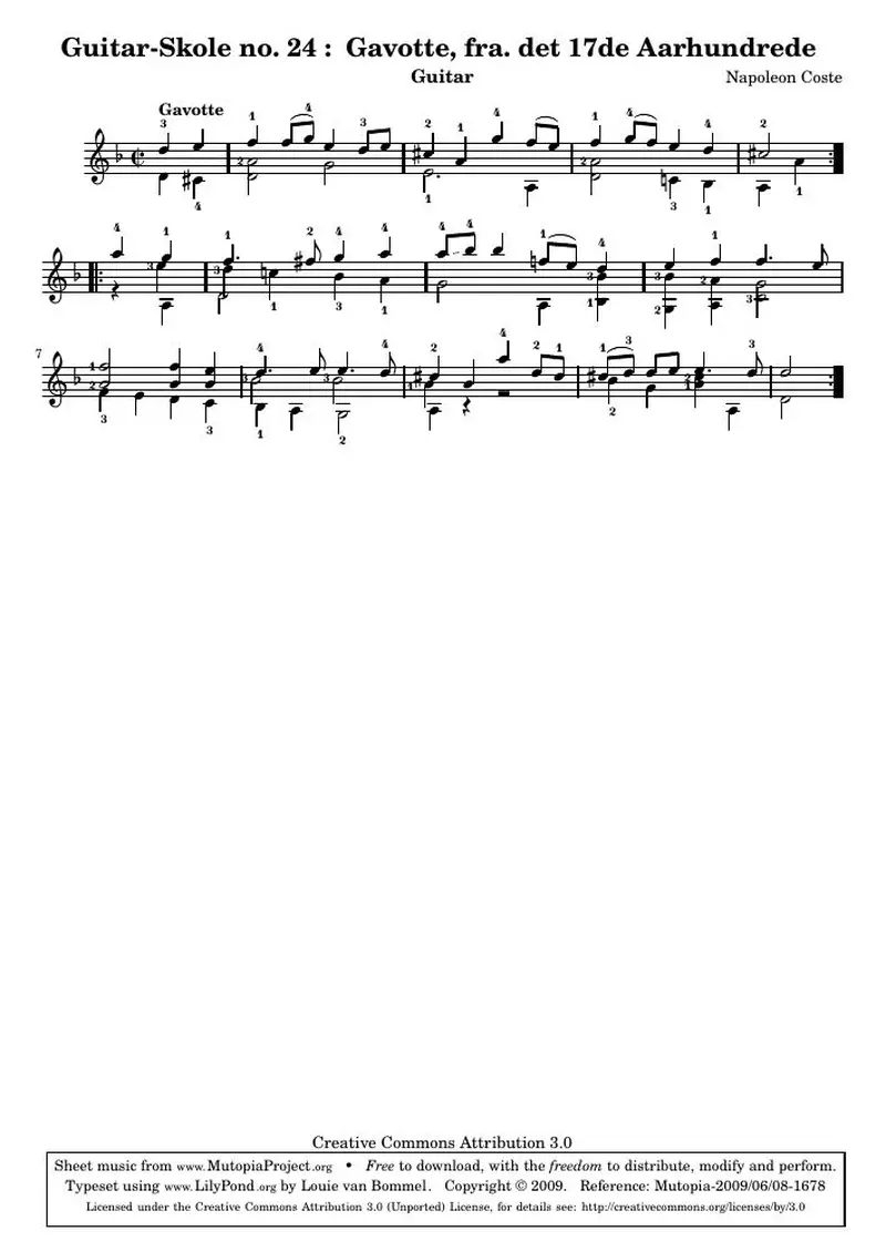 Первая страница нот «Guitar-Skole no. 24 : Гавот, fra. det 17de Aarhundrede»
