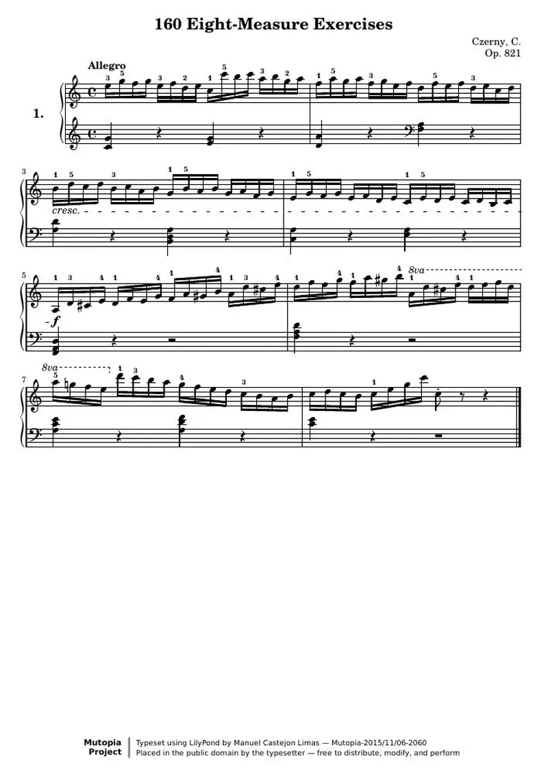 Первая страница нот «160 Eight-Measure Exercises, № 1»