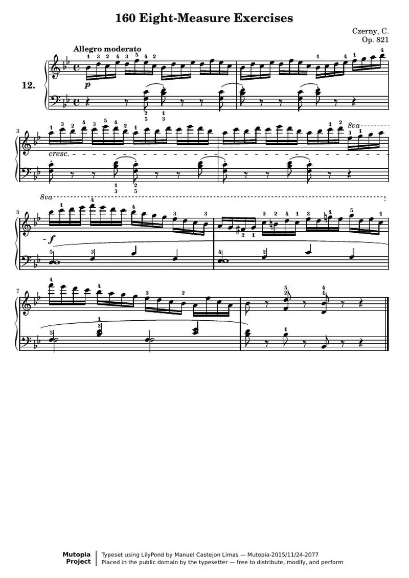 Первая страница нот «160 Eight-Measure Exercises, № 12»
