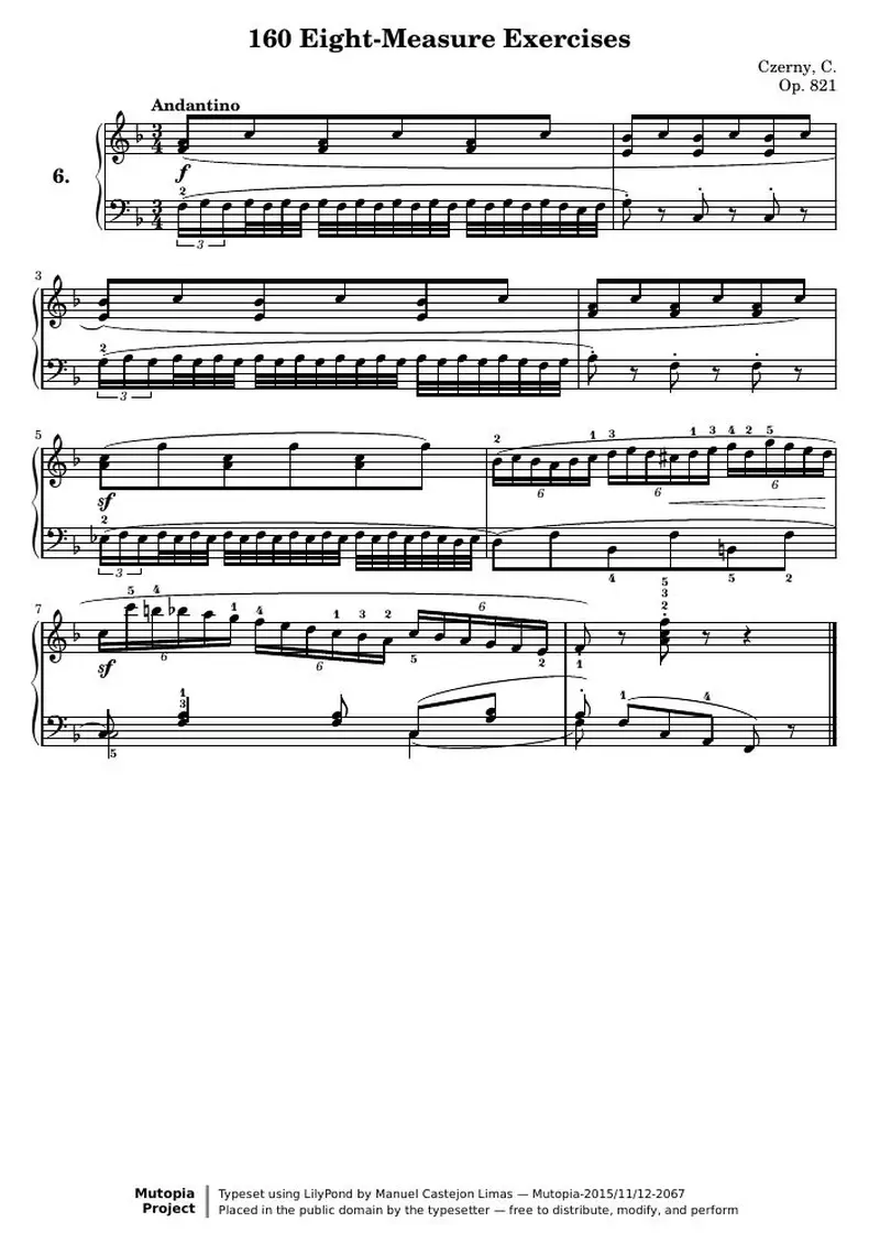 Первая страница нот «160 Eight-Measure Exercises, № 6»