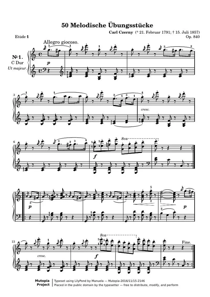 Первая страница нот «50 Melodische Übungsstücke, № 1»