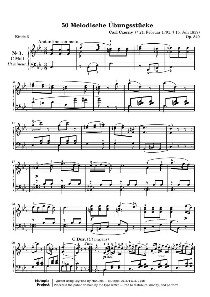 Первая страница нот «50 Melodische Übungsstücke, № 3»