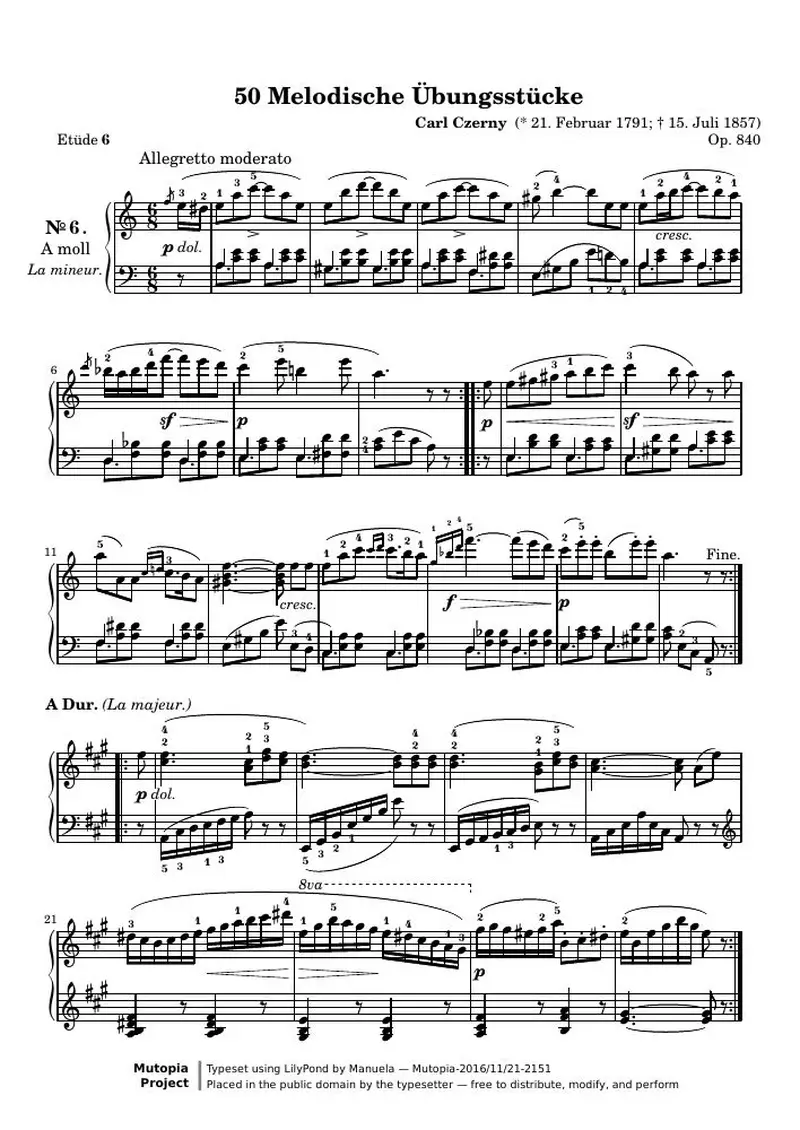 Первая страница нот «50 Melodische Übungsstücke, № 6»
