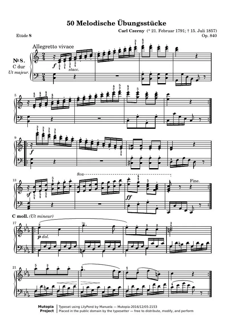 Первая страница нот «50 Melodische Übungsstücke, № 8»