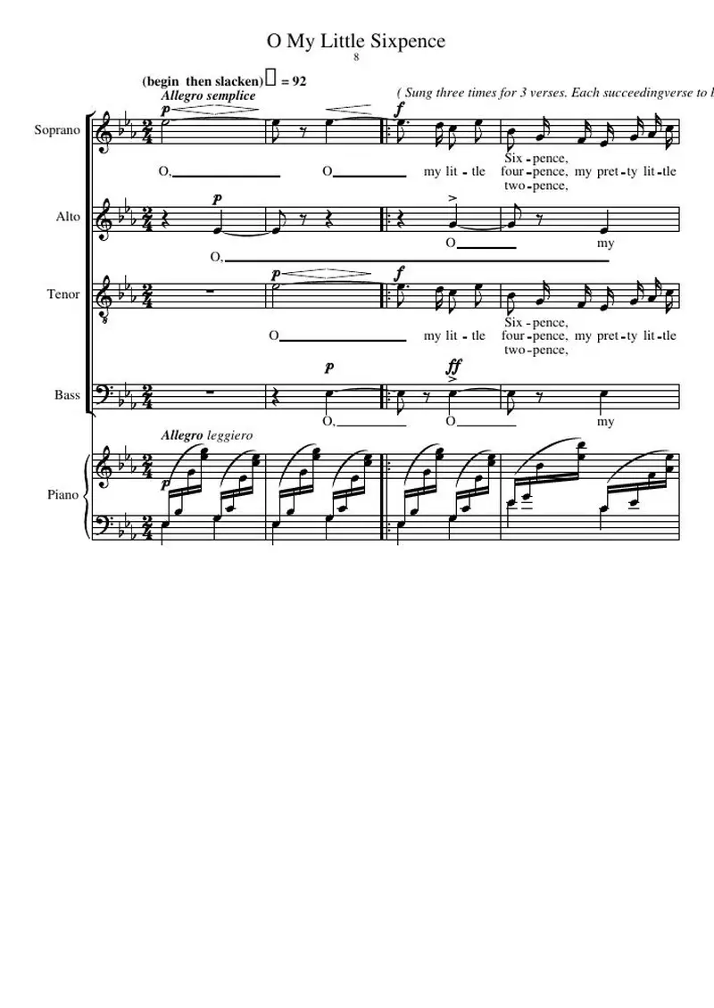 Первая страница нот «O My Маленькая Sixpence»