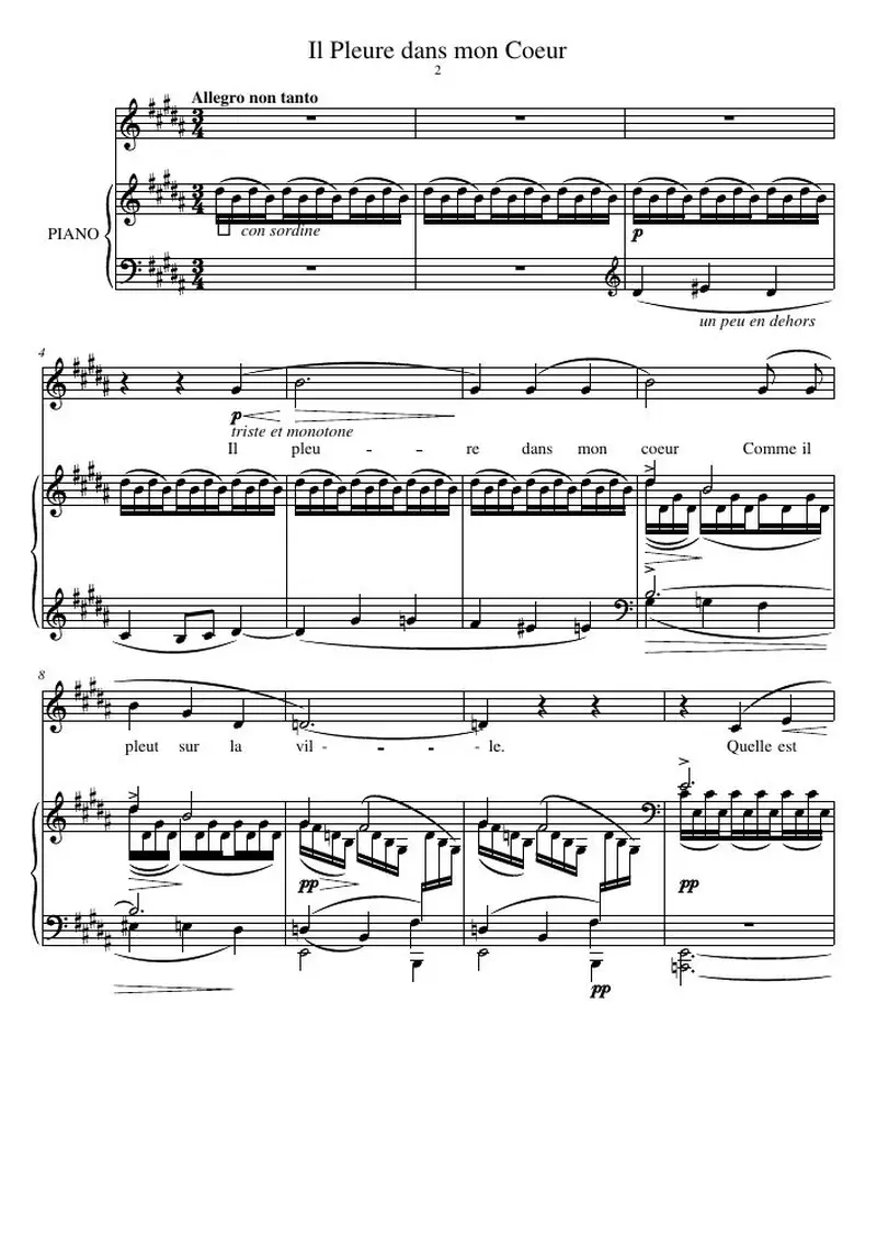 Первая страница нот «Il Pleure dans mon Coeur»
