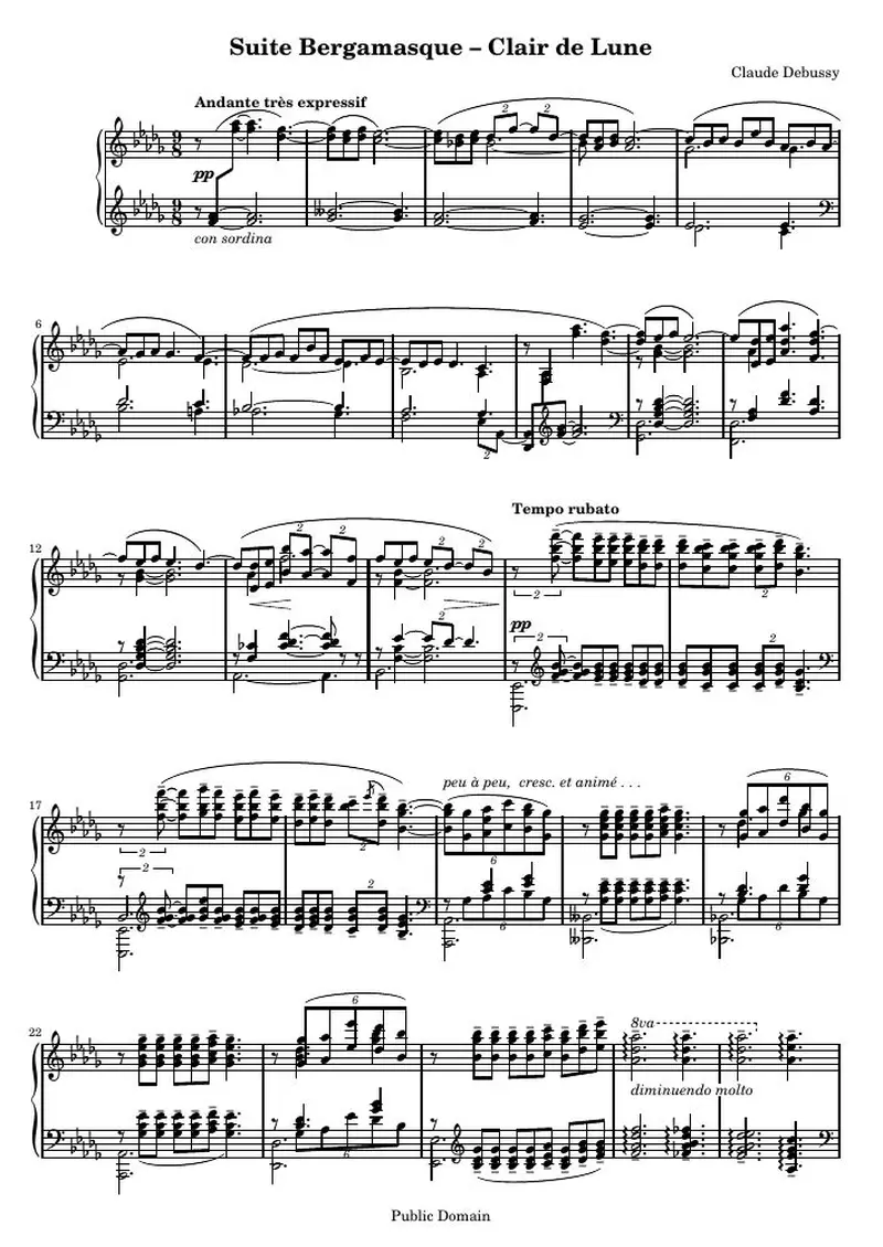 Первая страница нот «Сюита Bergamasque: Clair de Lune»