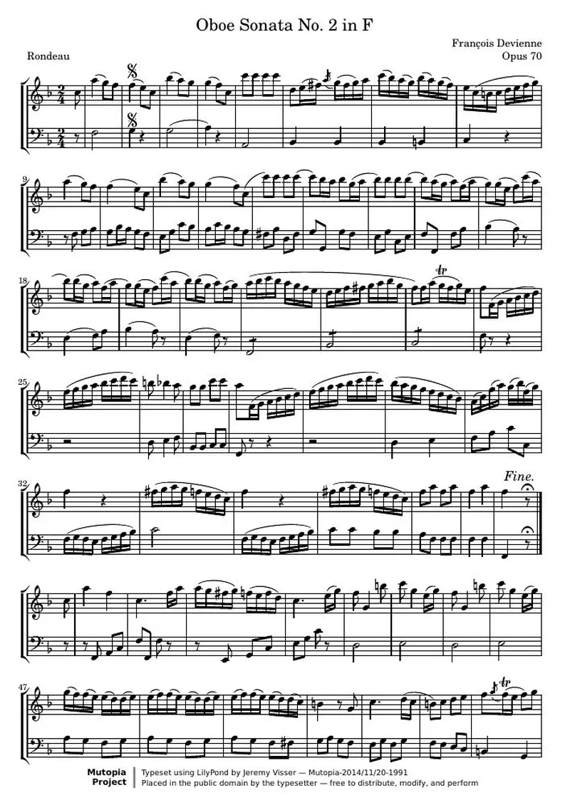 Первая страница нот «Oboe Соната № 2 F (Rondeau) (from Opus 70)»
