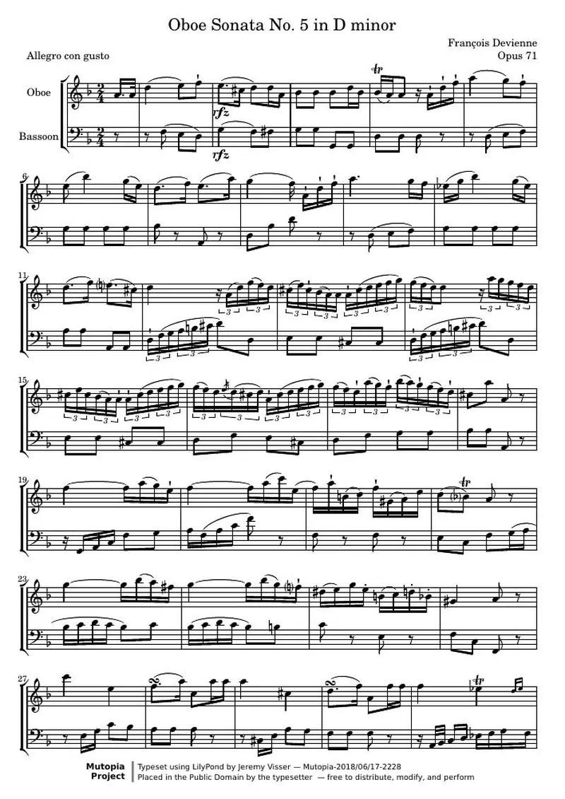 Первая страница нот «Oboe Соната № 5 D минор (Opus 71)»
