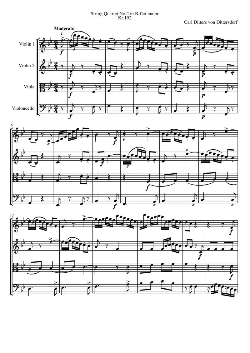 Первая страница нот «Струнный квартет B-flat major, Kr.192»