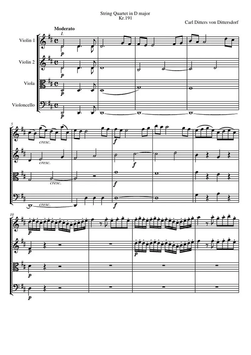 Первая страница нот «Струнный квартет D major, Kr.191»