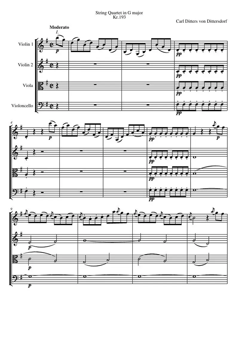 Первая страница нот «Струнный квартет G major, Kr.193»