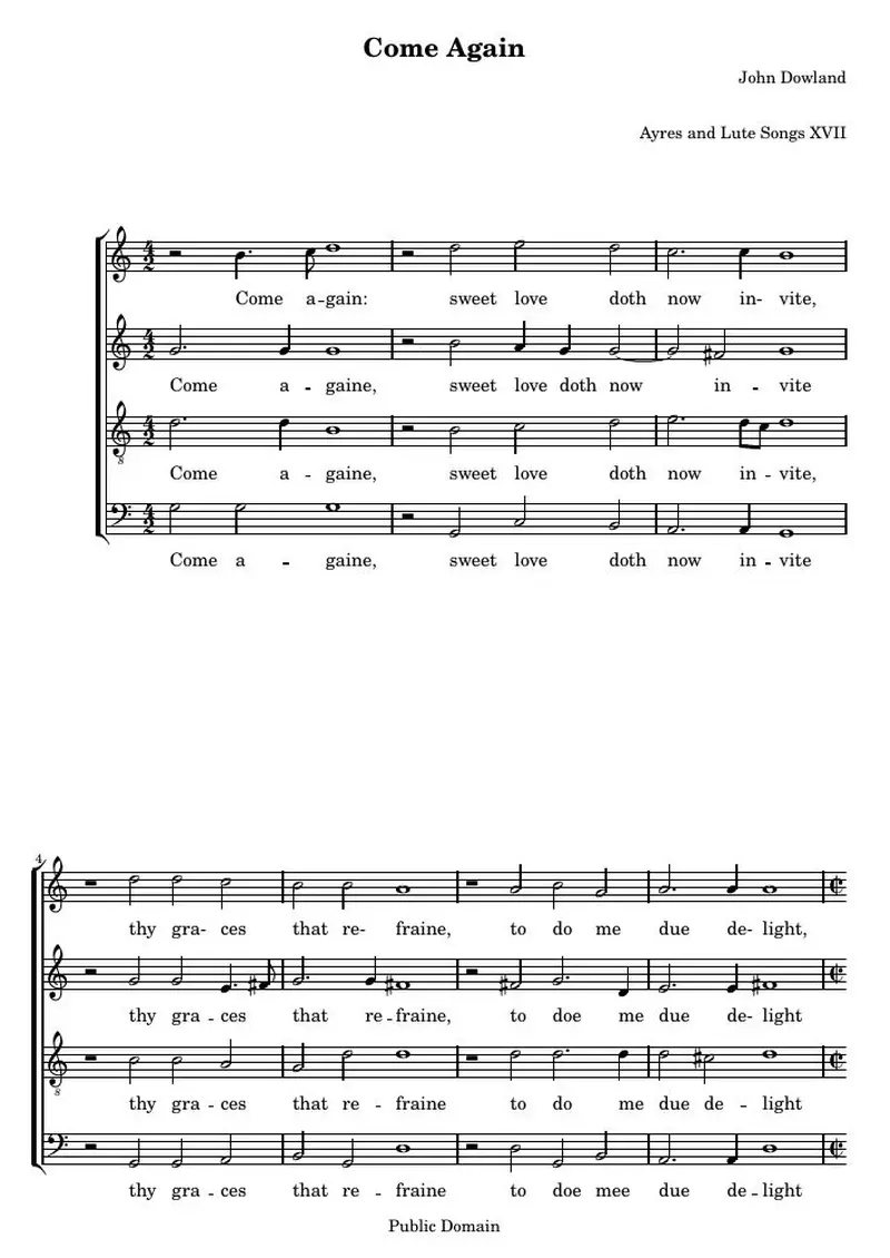Первая страница нот «Come Again (Ayres and Lute Songs XVII)»