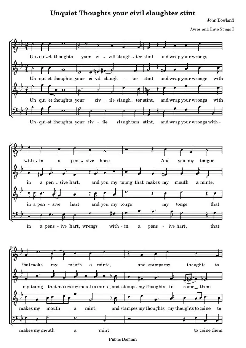 Первая страница нот «Unquiet Thoughts (Ayres and Lute Songs I)»
