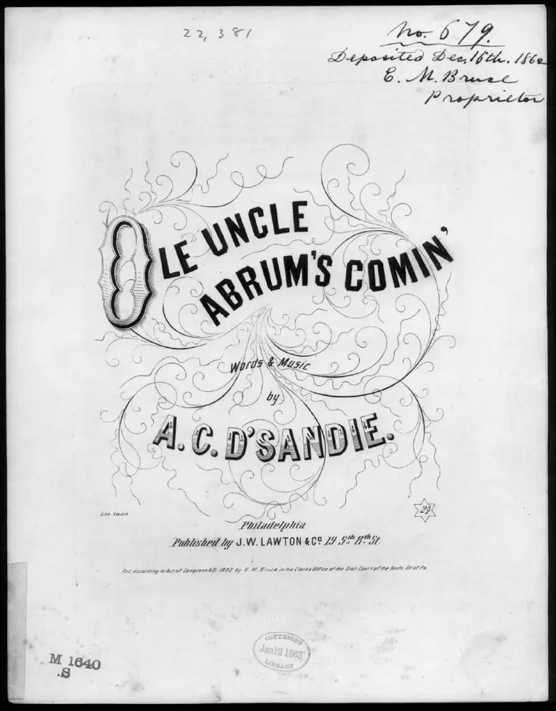 Первая страница нот «Ole uncle Abrum's comin'»
