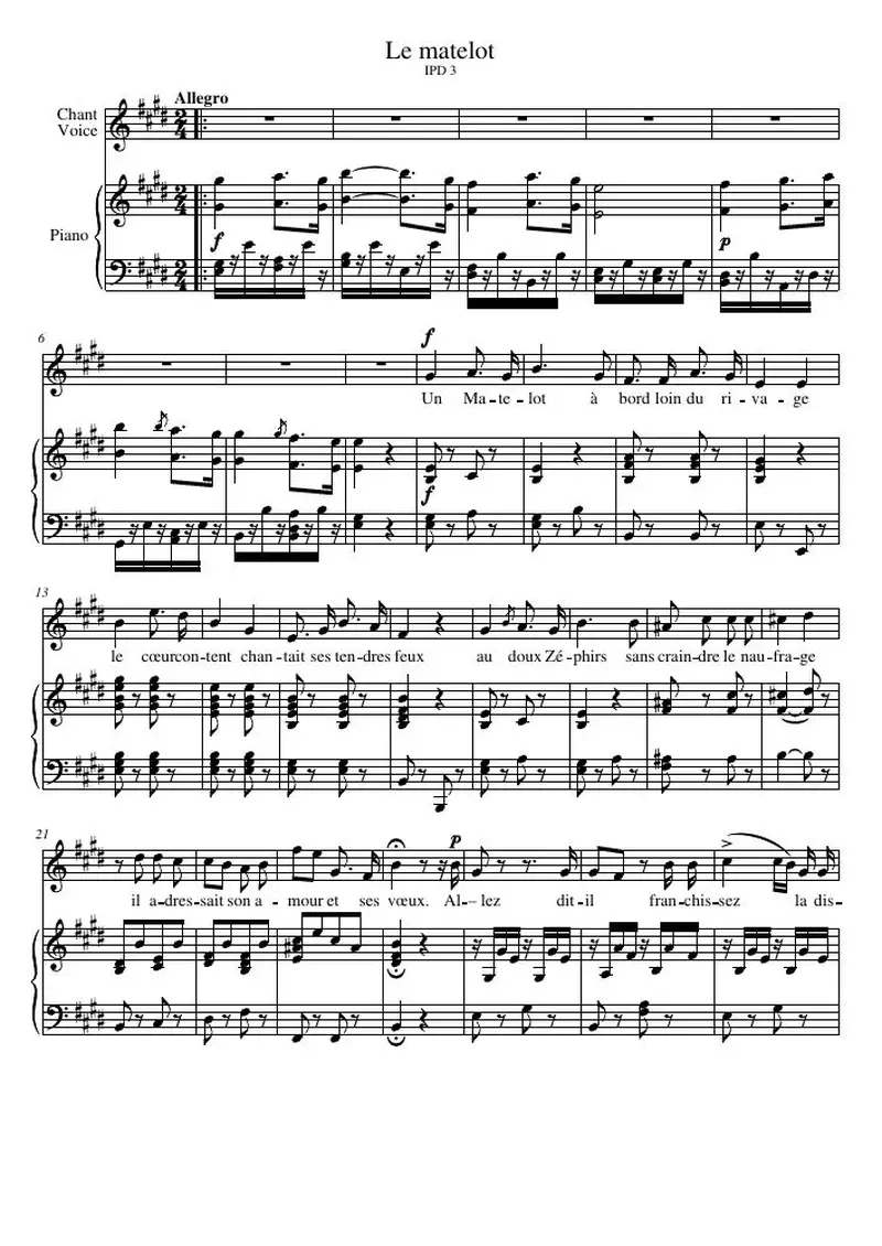 Первая страница нот «Le matelot»