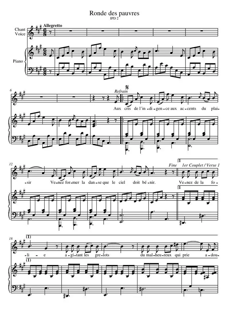 Первая страница нот «Ronde des pauvres»