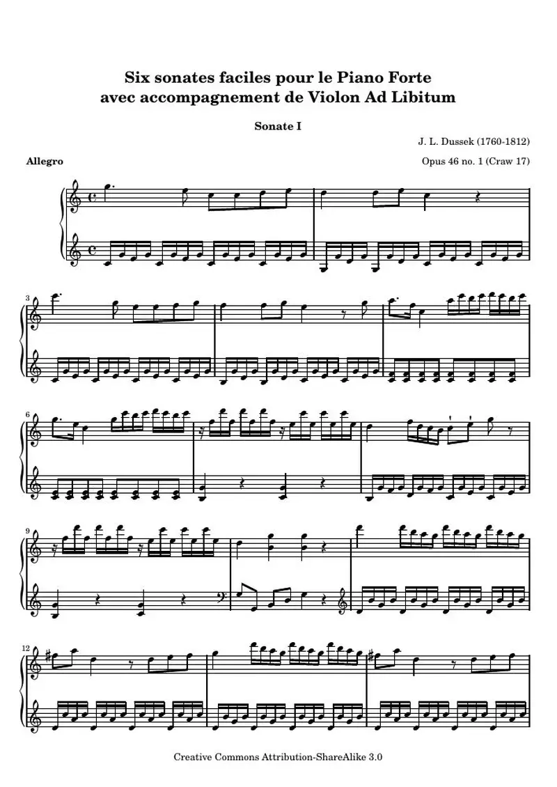 Первая страница нот «Six sonates faciles pour le Piano Forte (I) (Opus 46 no. 1 (Craw 17))»