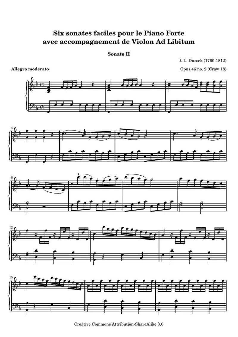 Первая страница нот «Six sonates faciles pour le Piano Forte (II) (Opus 46 no. 2 (Craw 18))»