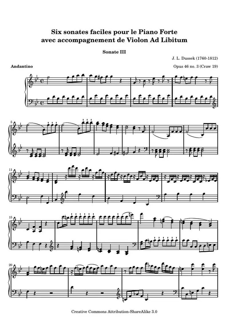Первая страница нот «Six sonates faciles pour le Piano Forte (III) (Opus 46 no. 3 (Craw 19))»