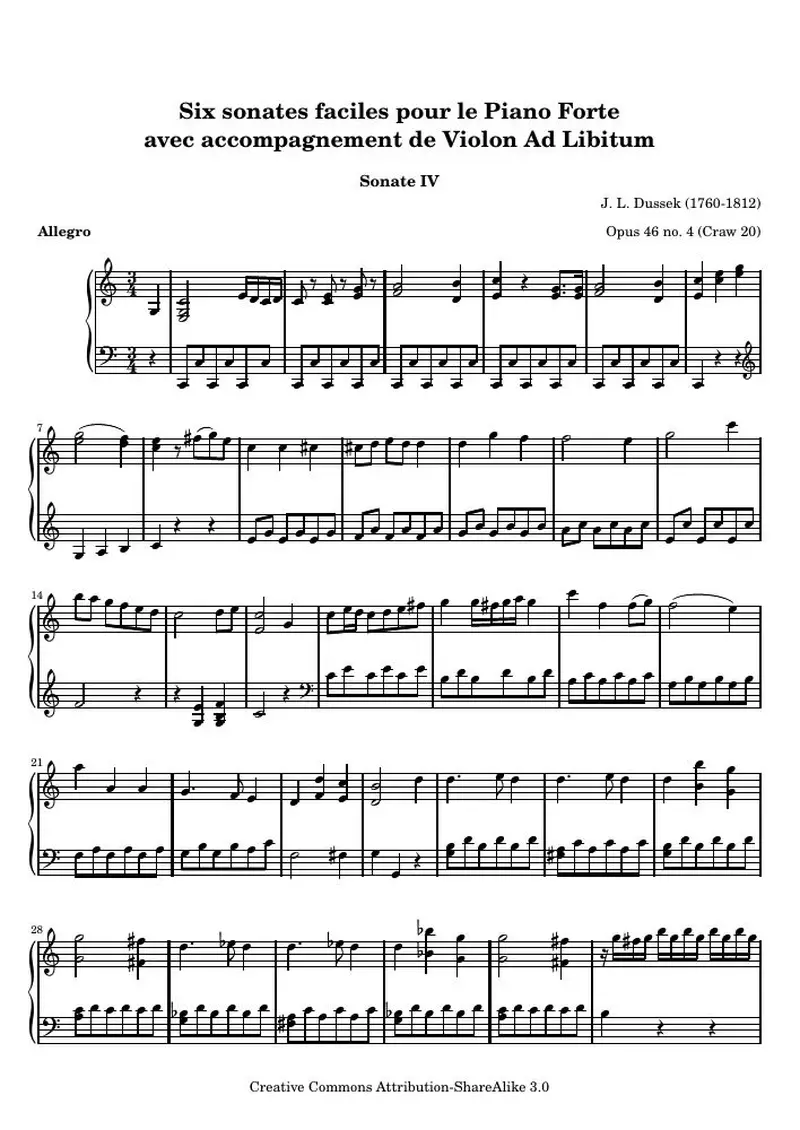 Первая страница нот «Six sonates faciles pour le Piano Forte (IV) (Opus 46 no. 4 (Craw 20))»