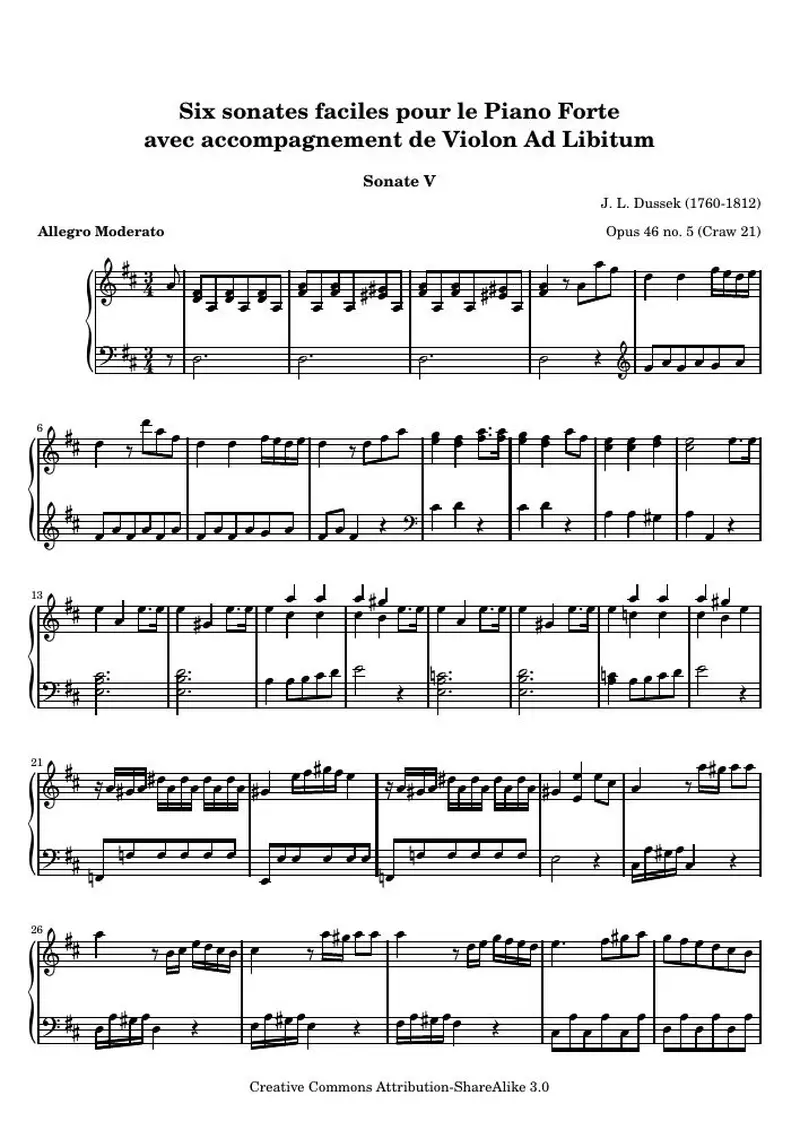 Первая страница нот «Six sonates faciles pour le Piano Forte (V) (Opus 46 no. 5 (Craw 21))»