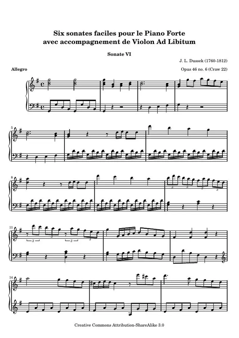 Первая страница нот «Six sonates faciles pour le Piano Forte (VI) (Opus 46 no. 6 (Craw 22))»