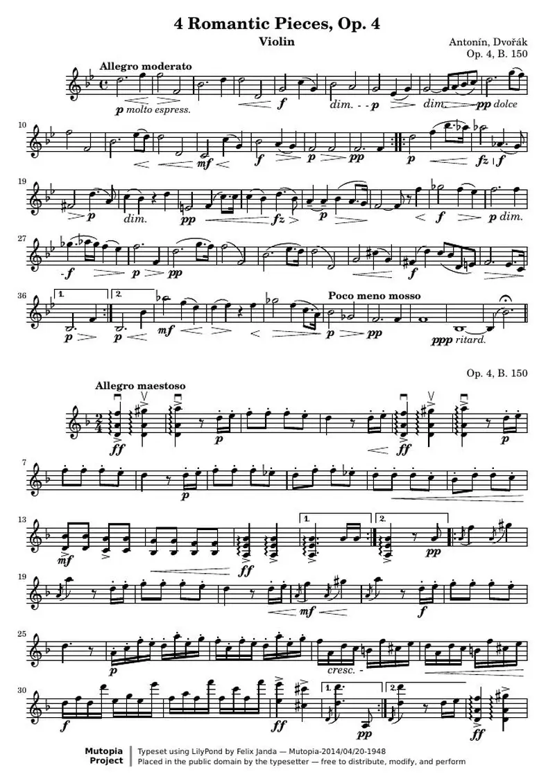 Первая страница нот «4 Romantic Pieces, соч. 4 (соч. 4, B. 150) — violin»
