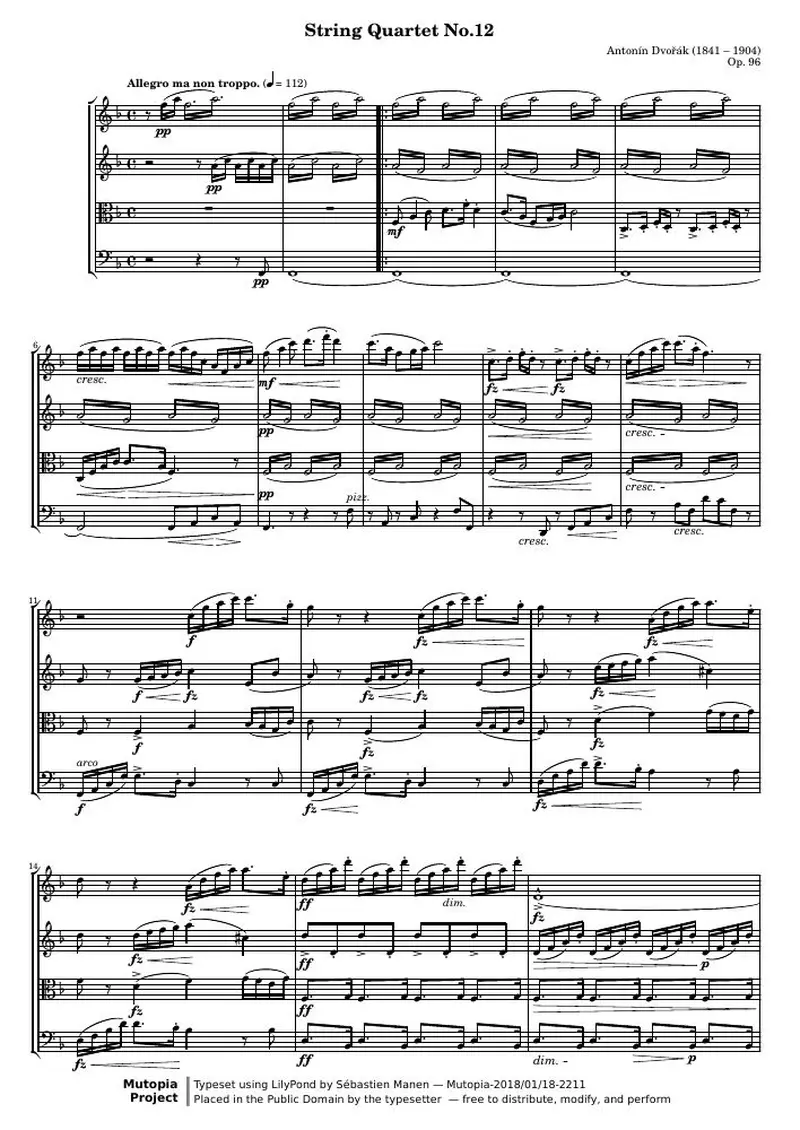 Первая страница нот «Струнный квартет №12 (O 96) — 00_DvorakAmericanКвартет_Conducteur_Mvt1»