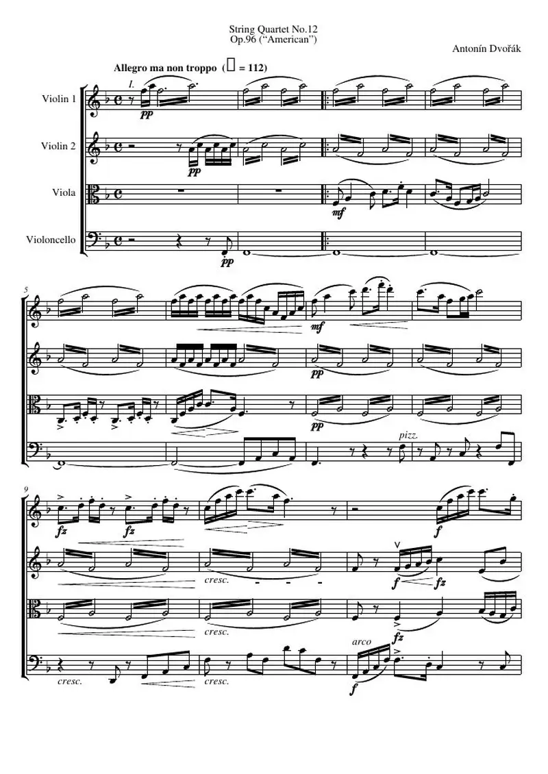 Первая страница нот «Струнный квартет №12, соч.96 (“American”)»