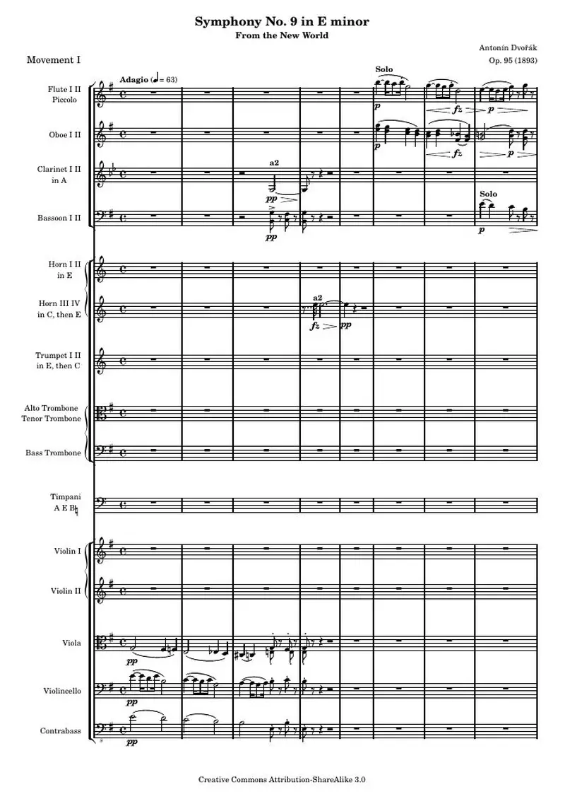 Первая страница нот «Symphony № 9 E минор (соч. 95) — Mvt1_Adagio»