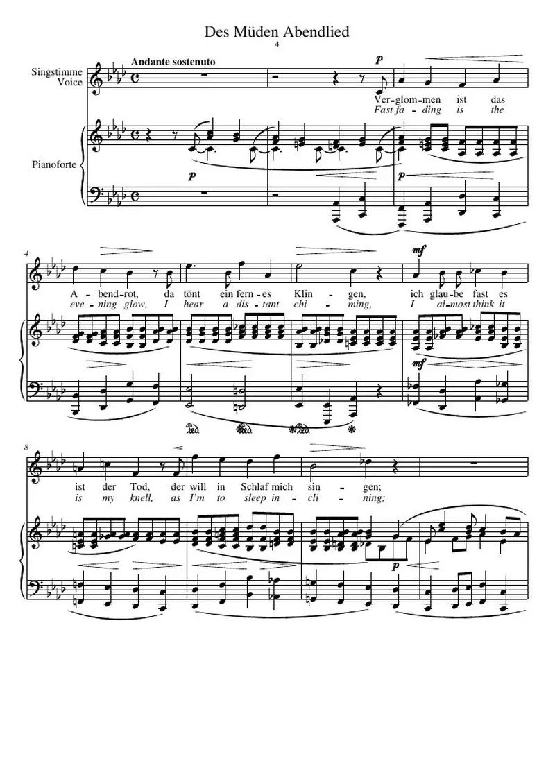 Первая страница нот «Des Müden Abendlied»