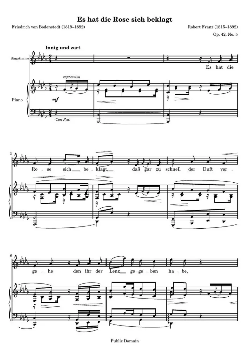 Первая страница нот «Es hat die Rose sich beklagt (Op 42, No 5)»